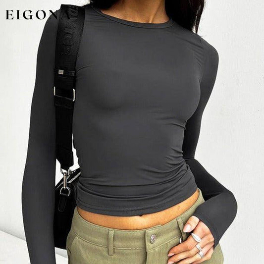 Women's Top, round neck slim long sleeve solid color long sleeve t-shirt Grey clothes long sleeve top shirt shirts top tops