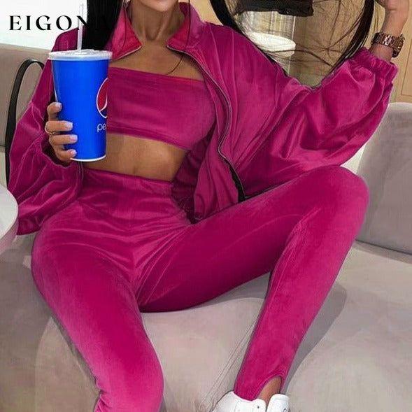 Ladies Fashion Velvet Three-Piece Suit Rose Red clothes