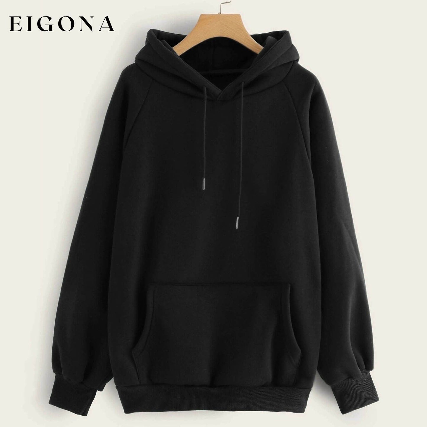 Raglan Sleeve Kangaroo Pocket Hoodie Black __stock:500 clothes refund_fee:1200 tops