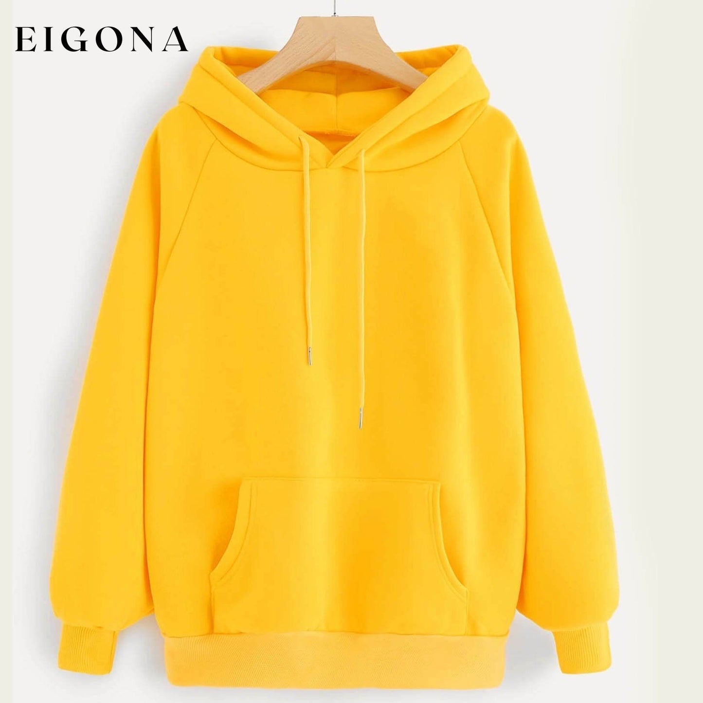 Raglan Sleeve Kangaroo Pocket Hoodie Yellow __stock:500 clothes refund_fee:1200 tops