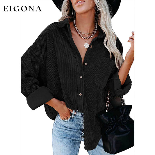 Sidefeel Women Corduroy Long Sleeve Button Down Shirt Oversized Jacket Tops Black clothes refund_fee:1200 tops