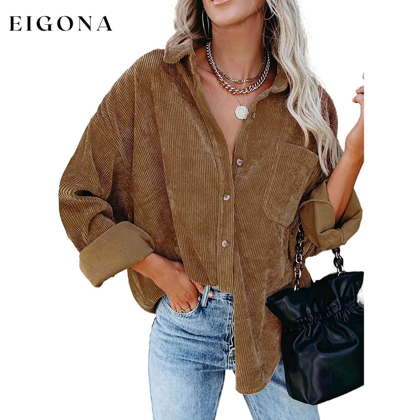 Sidefeel Women Corduroy Long Sleeve Button Down Shirt Oversized Jacket Tops Brown clothes refund_fee:1200 tops