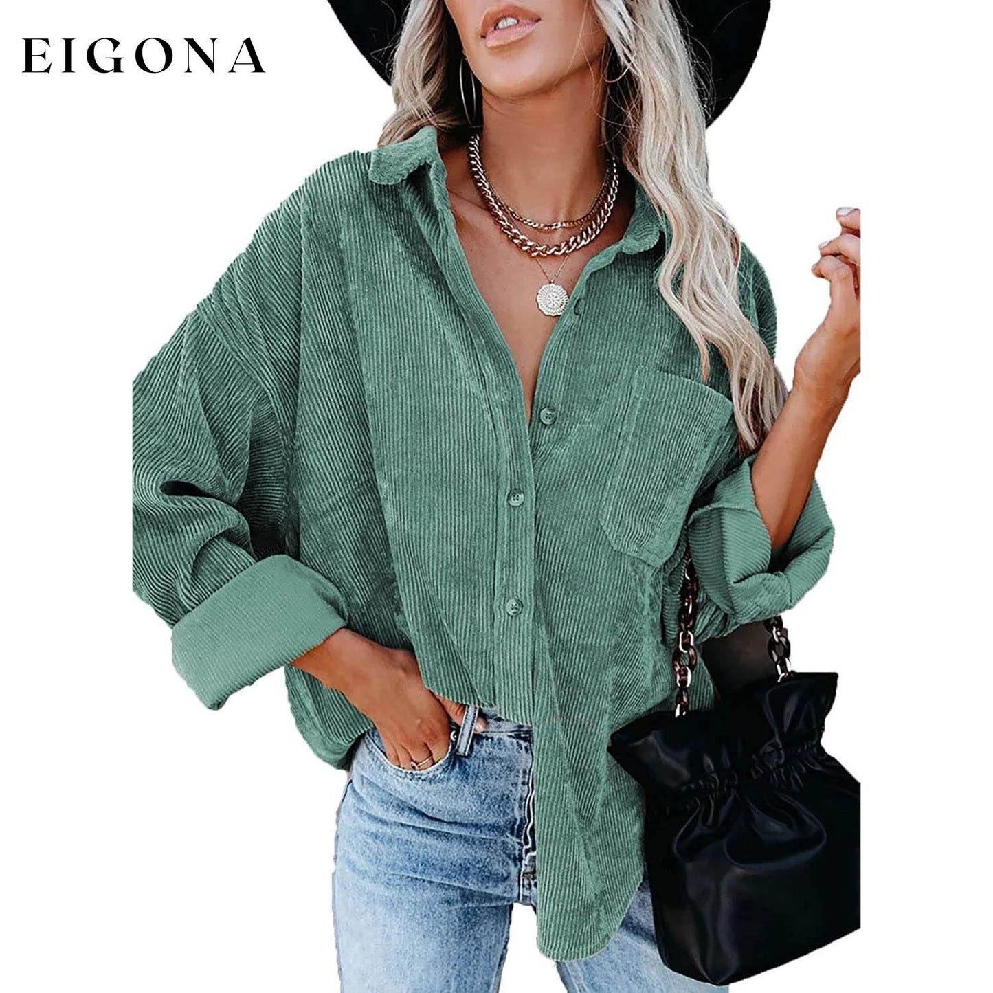 Sidefeel Women Corduroy Long Sleeve Button Down Shirt Oversized Jacket Tops Green clothes refund_fee:1200 tops