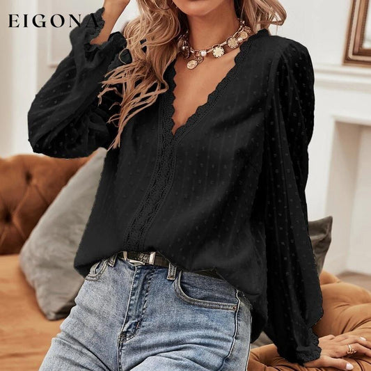 Swiss Dot Lace Panel Blouse Black __stock:500 clothes refund_fee:800 show-color-swatches tops