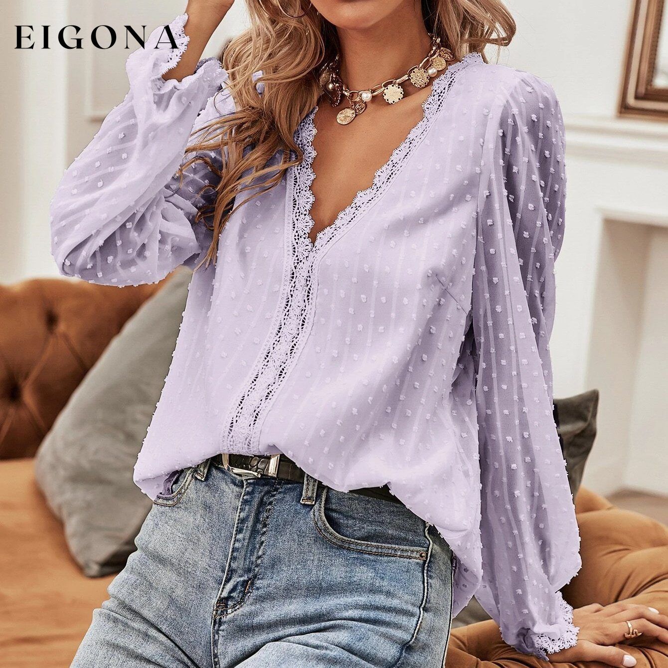 Swiss Dot Lace Panel Blouse Lilac __stock:500 clothes refund_fee:800 show-color-swatches tops