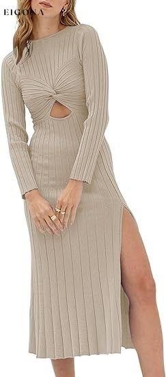 New hollow round neck solid color long sleeve slit knitted ribbed dress Cracker khaki casual dresses clothes dress dresses long dress long sleeve dresses midi dress