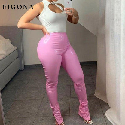 Feminine Slim High Waist Elastic PU Leather Pants Pink Clothes