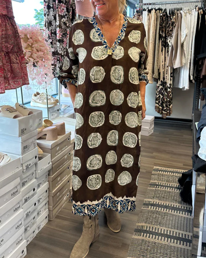 Long-Sleeved V-Neck Printed Dress
