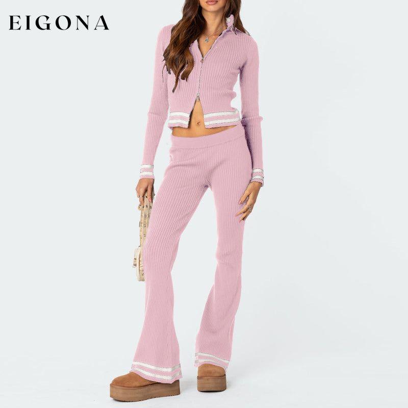 Women's zipper crop top high waist wide leg pants two piece set Loungewear Sets