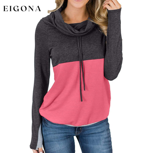 Women Cowl Neck Casual Tunic Sweatshirts Drawstring Long Sleeve Color Block Patchwork Pullover Tops Hot Pink __stock:50 clothes refund_fee:1200 tops