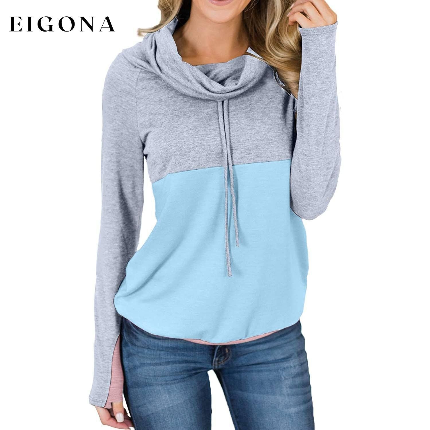 Women Cowl Neck Casual Tunic Sweatshirts Drawstring Long Sleeve Color Block Patchwork Pullover Tops Blue __stock:50 clothes refund_fee:1200 tops
