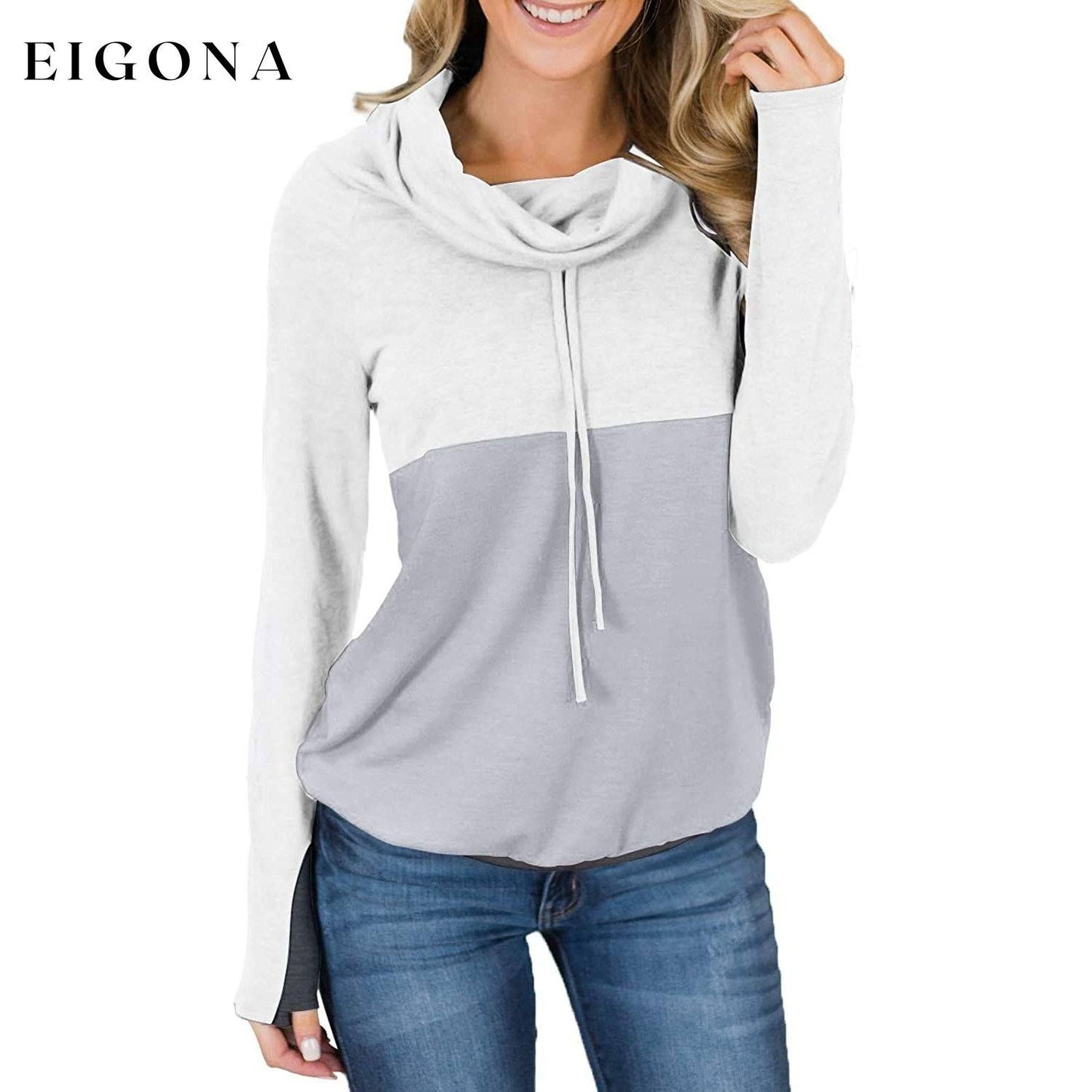 Women Cowl Neck Casual Tunic Sweatshirts Drawstring Long Sleeve Color Block Patchwork Pullover Tops Gray __stock:50 clothes refund_fee:1200 tops