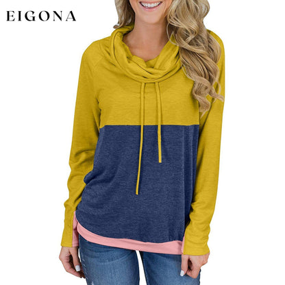 Women Cowl Neck Casual Tunic Sweatshirts Drawstring Long Sleeve Color Block Patchwork Pullover Tops Yellow __stock:50 clothes refund_fee:1200 tops