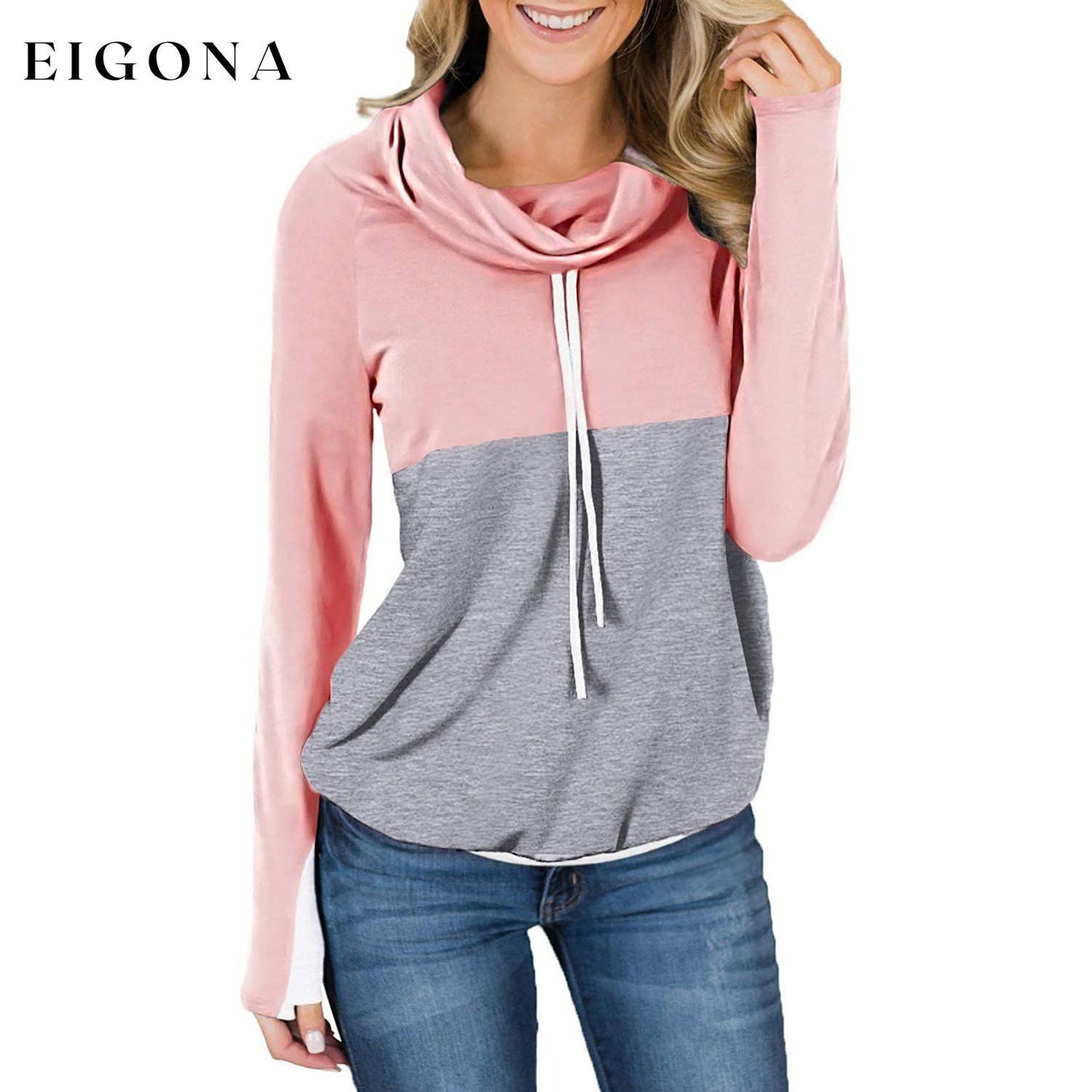 Women Cowl Neck Casual Tunic Sweatshirts Drawstring Long Sleeve Color Block Patchwork Pullover Tops Pink __stock:50 clothes refund_fee:1200 tops