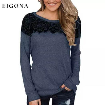 Women Fashion Black Lace Top Long Sleeve Elegant Casual Sweatshirt Blouse Blue __stock:500 clothes Low stock refund_fee:800 tops