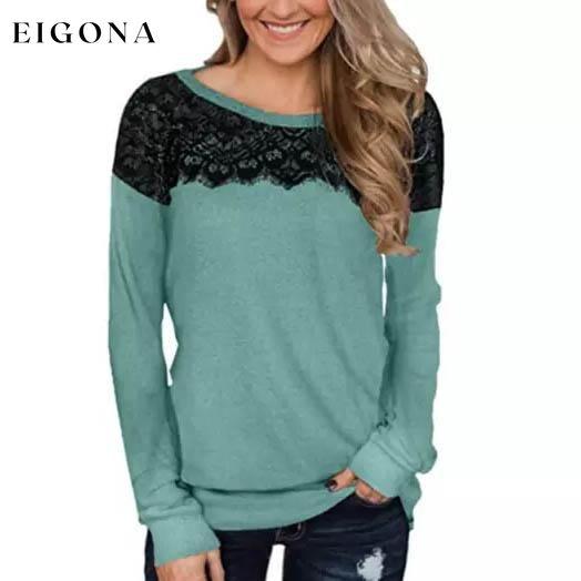 Women Fashion Black Lace Top Long Sleeve Elegant Casual Sweatshirt Blouse Light Green __stock:500 clothes Low stock refund_fee:800 tops