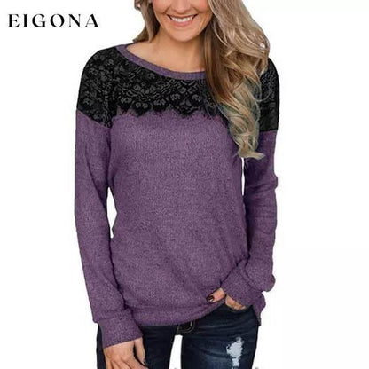 Women Fashion Black Lace Top Long Sleeve Elegant Casual Sweatshirt Blouse Purple __stock:500 clothes Low stock refund_fee:800 tops