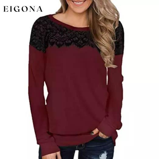 Women Fashion Black Lace Top Long Sleeve Elegant Casual Sweatshirt Blouse Red __stock:500 clothes Low stock refund_fee:800 tops