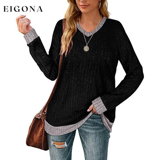 Women Lightweight V Neck Long Sleeve Tunic Black __stock:50 clothes refund_fee:1200 tops