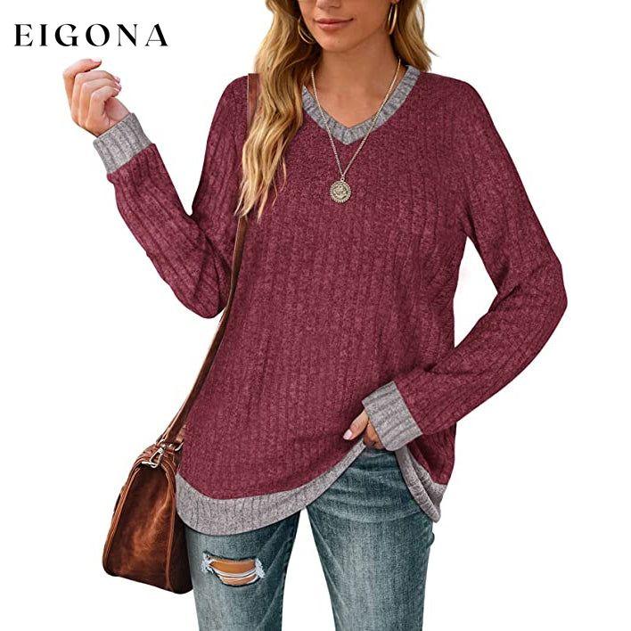 Women Lightweight V Neck Long Sleeve Tunic Burgundy __stock:50 clothes refund_fee:1200 tops