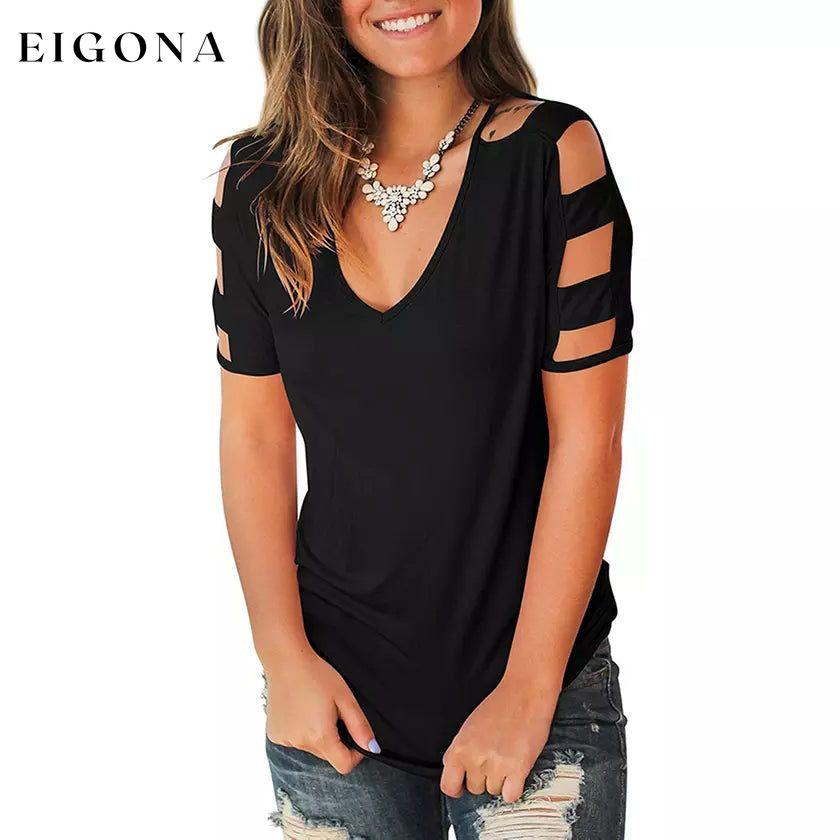 Women Short Sleeve Cut Out Cold Shoulder Tops Deep V Neck T Shirts __stock:200 clothes refund_fee:1200 tops