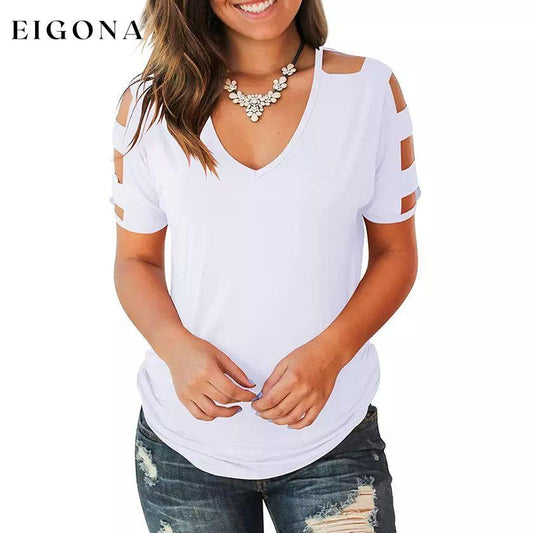 Women Short Sleeve Cut Out Cold Shoulder Tops Deep V Neck T Shirts White __stock:200 clothes refund_fee:1200 tops