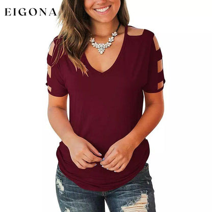 Women Short Sleeve Cut Out Cold Shoulder Tops Deep V Neck T Shirts Wine Red __stock:200 clothes refund_fee:1200 tops