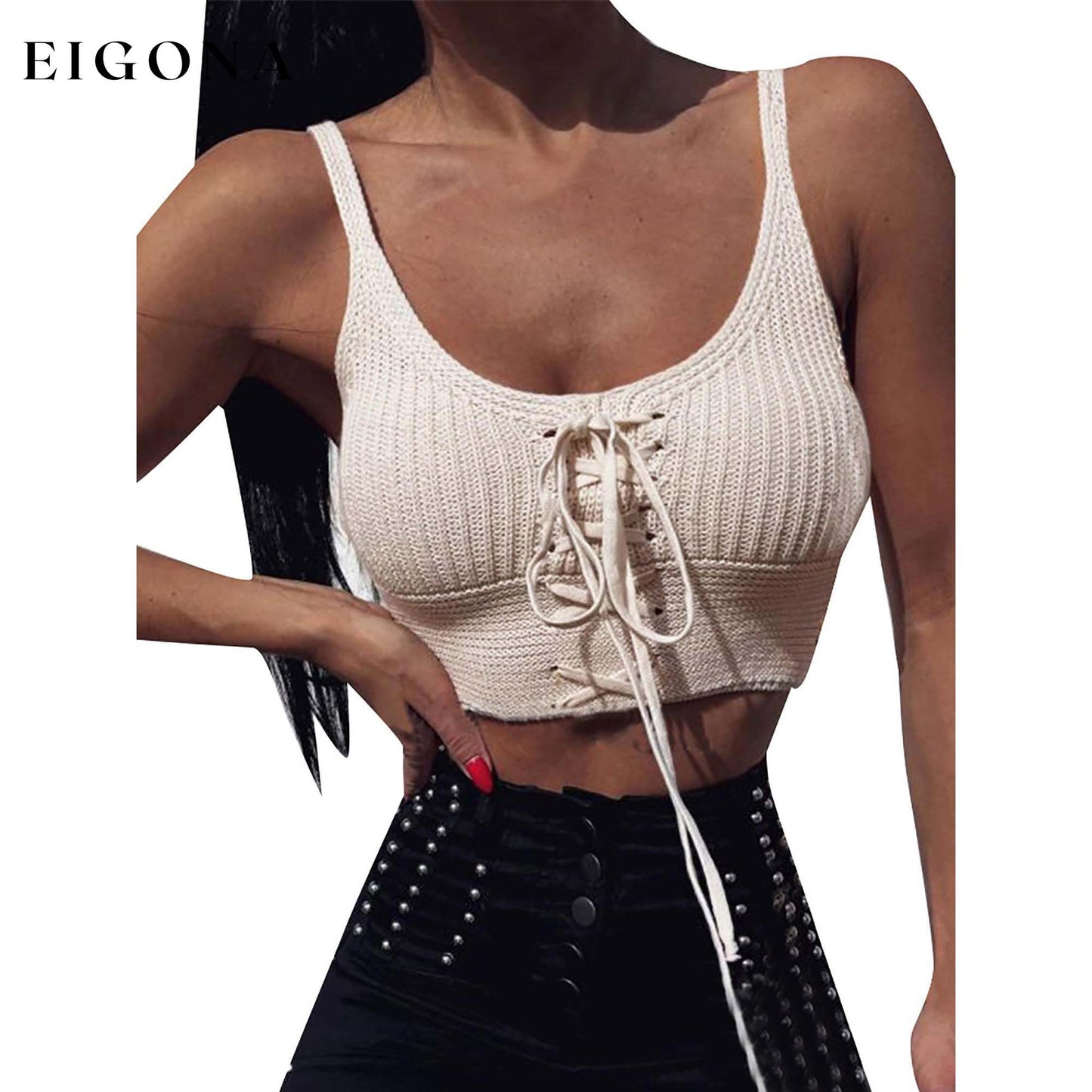 Women Sleeveless Lace Up Knitted Cami Tank Top Sexy Loose Crop Tops Blouse __stock:500 clothes refund_fee:800 tops