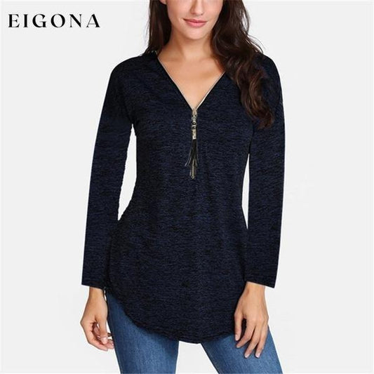 Women V-neck Zipper Long Sleeve Solid Color Top Plus Size Blouse Top Black __stock:100 clothes refund_fee:800 tops