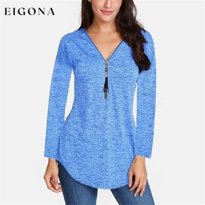 Women V-neck Zipper Long Sleeve Solid Color Top Plus Size Blouse Top Blue __stock:100 clothes refund_fee:800 tops