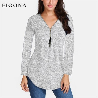 Women V-neck Zipper Long Sleeve Solid Color Top Plus Size Blouse Top Gray __stock:100 clothes refund_fee:800 tops