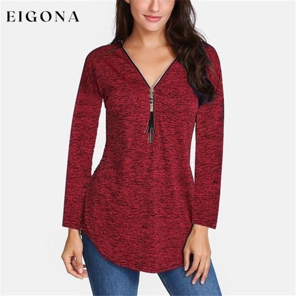 Women V-neck Zipper Long Sleeve Solid Color Top Plus Size Blouse Top Wine Red __stock:100 clothes refund_fee:800 tops