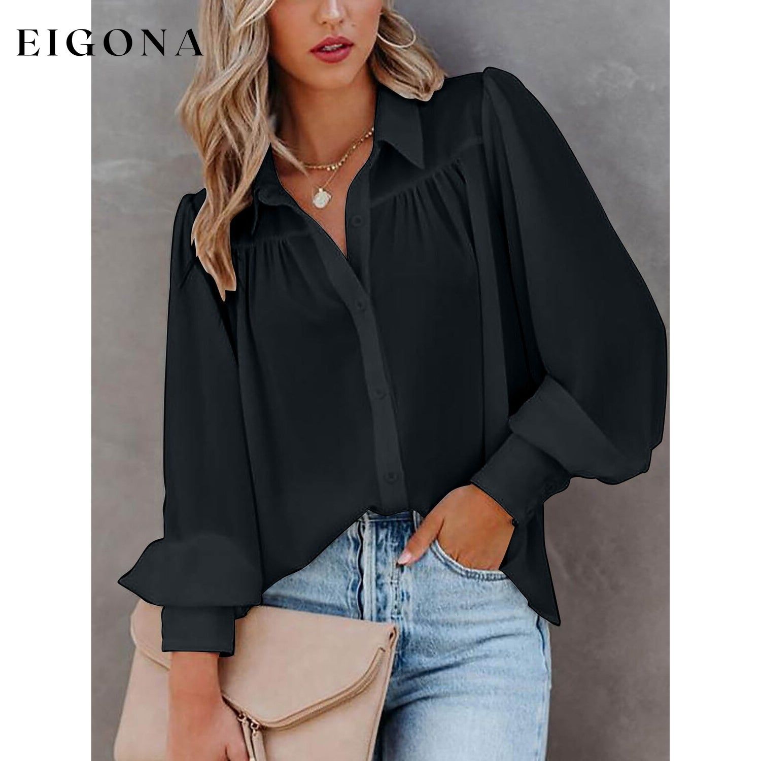 Womens Blouse Shirt Plain Button Long Sleeve Black __stock:200 clothes refund_fee:1200 tops