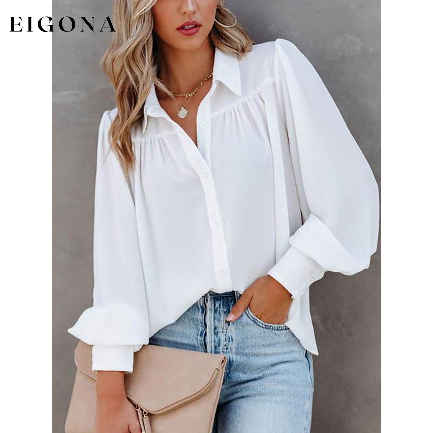 Womens Blouse Shirt Plain Button Long Sleeve White __stock:200 clothes refund_fee:1200 tops