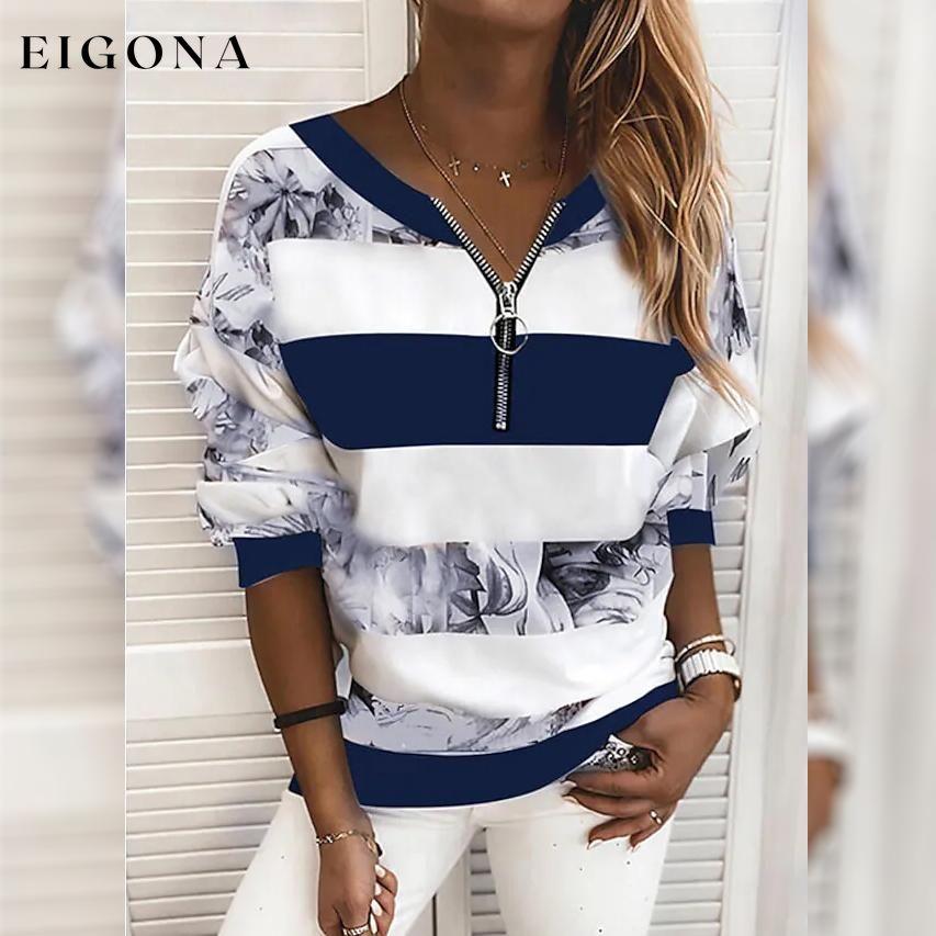 Women's Blouse Shirt Striped Color Block Long Sleeve Print V Neck Tops Blue __stock:200 clothes refund_fee:1200 tops