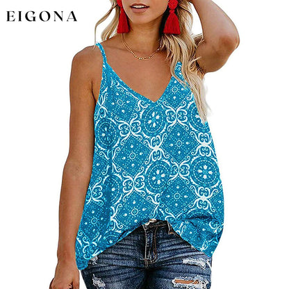 Women's Boho Floral V Neck Spaghetti Straps Tank Top Summer Sleeveless Shirts Blouse Blue __stock:200 clothes refund_fee:1200 tops