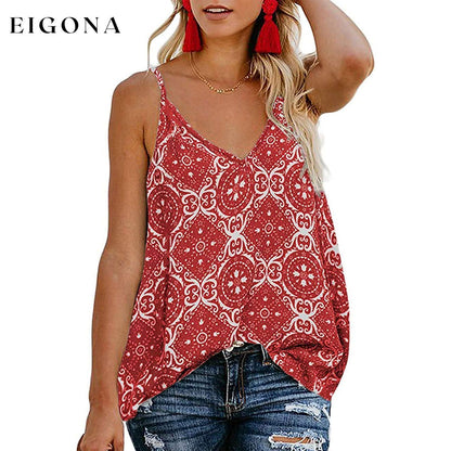 Women's Boho Floral V Neck Spaghetti Straps Tank Top Summer Sleeveless Shirts Blouse Red __stock:200 clothes refund_fee:1200 tops