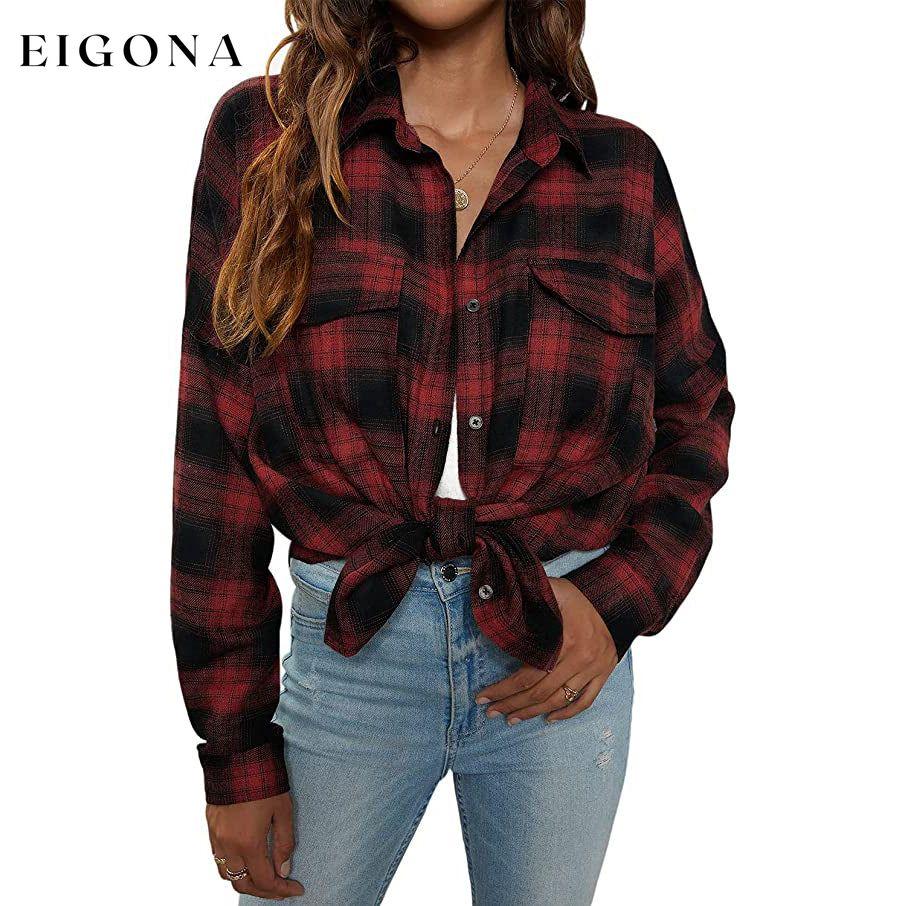 Women's Button Flannel Shirt Plaid Long Sleeve Top Black Red __stock:200 clothes refund_fee:1200 tops