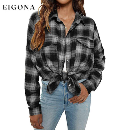 Women's Button Flannel Shirt Plaid Long Sleeve Top Black White __stock:200 clothes refund_fee:1200 tops