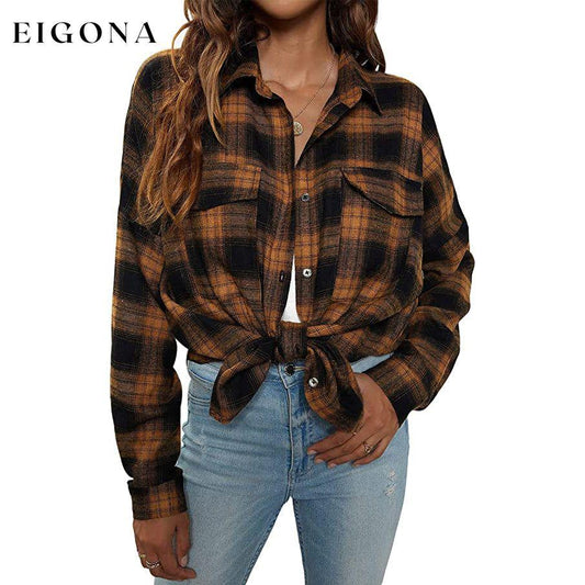 Women's Button Flannel Shirt Plaid Long Sleeve Top Black Yellow __stock:200 clothes refund_fee:1200 tops