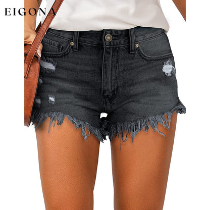 Women's Casual Denim Shorts Frayed Raw Hem Ripped Jeans Shorts Black __stock:200 bottoms refund_fee:1200