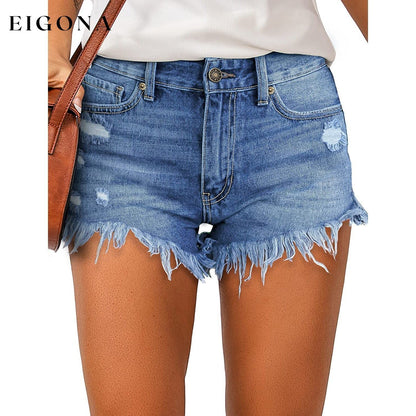 Women's Casual Denim Shorts Frayed Raw Hem Ripped Jeans Shorts Blue __stock:200 bottoms refund_fee:1200