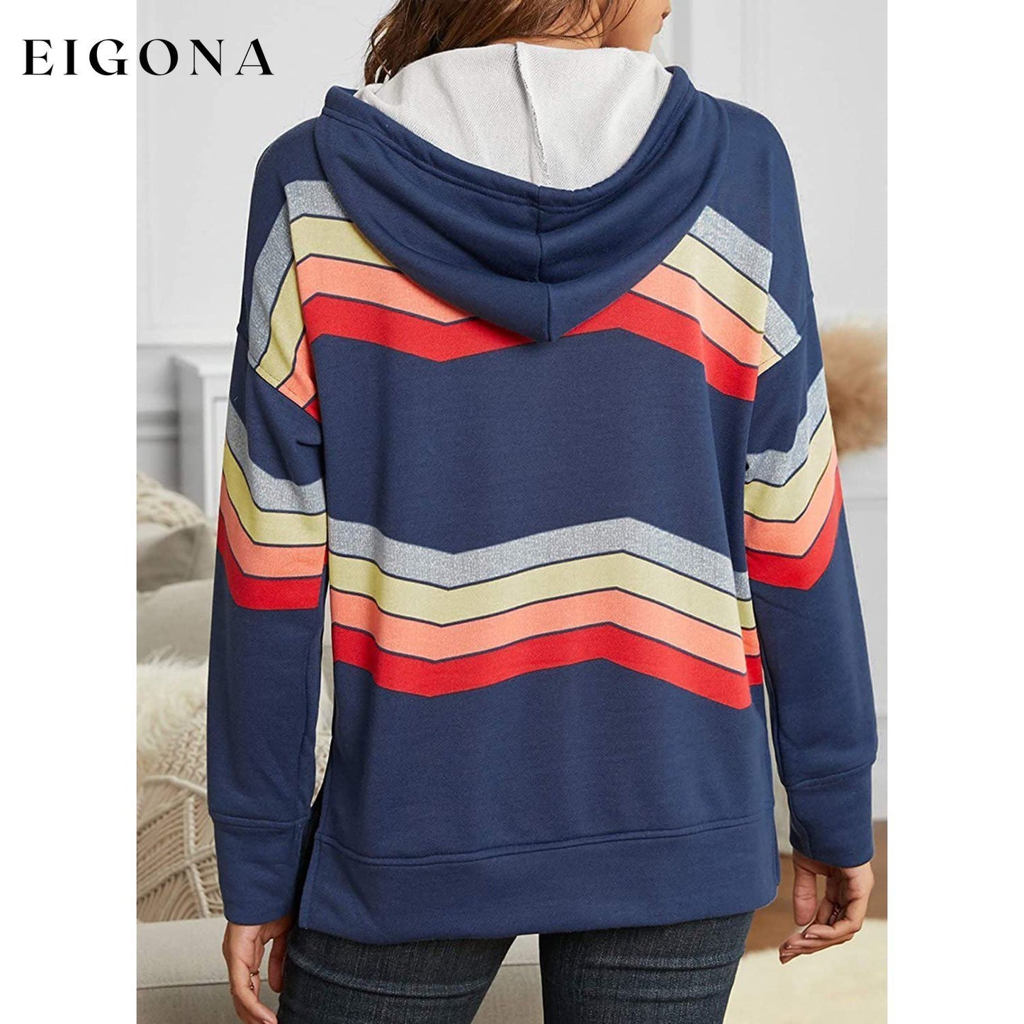 Womens Casual Hoodie Striped Printed Sweatshirts Long Sleeve Drawstring Pullover __stock:50 clothes refund_fee:1200 tops