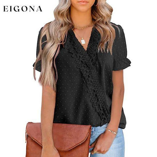 Women's Casual Lace Pom Pom V Neck Chiffon Short Sleeve Top Black __stock:200 clothes refund_fee:1200 tops