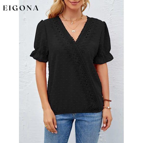 Women's Casual Lace Pom Pom V Neck Chiffon Short Sleeve Top __stock:200 clothes refund_fee:1200 tops