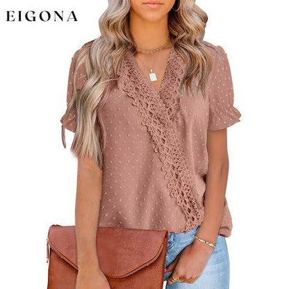 Women's Casual Lace Pom Pom V Neck Chiffon Short Sleeve Top Pink __stock:200 clothes refund_fee:1200 tops