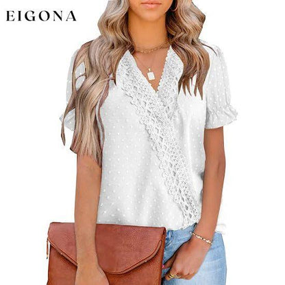 Women's Casual Lace Pom Pom V Neck Chiffon Short Sleeve Top White __stock:200 clothes refund_fee:1200 tops