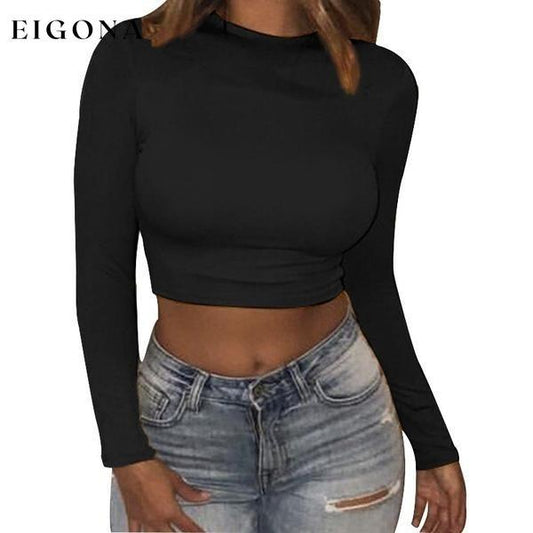 Women's Casual Round Neck Bottoming Long Sleeve Crop Top Black __stock:50 clothes refund_fee:800 tops