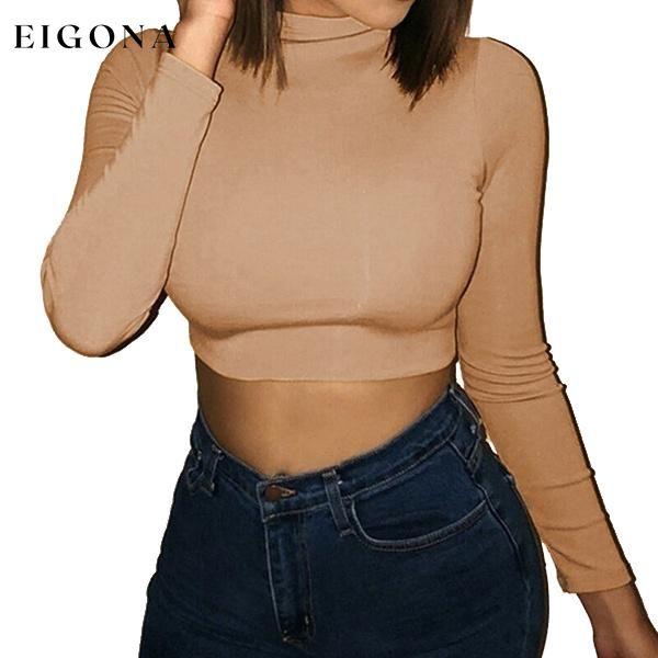 Women's Casual Round Neck Bottoming Long Sleeve Crop Top Khaki __stock:50 clothes refund_fee:800 tops