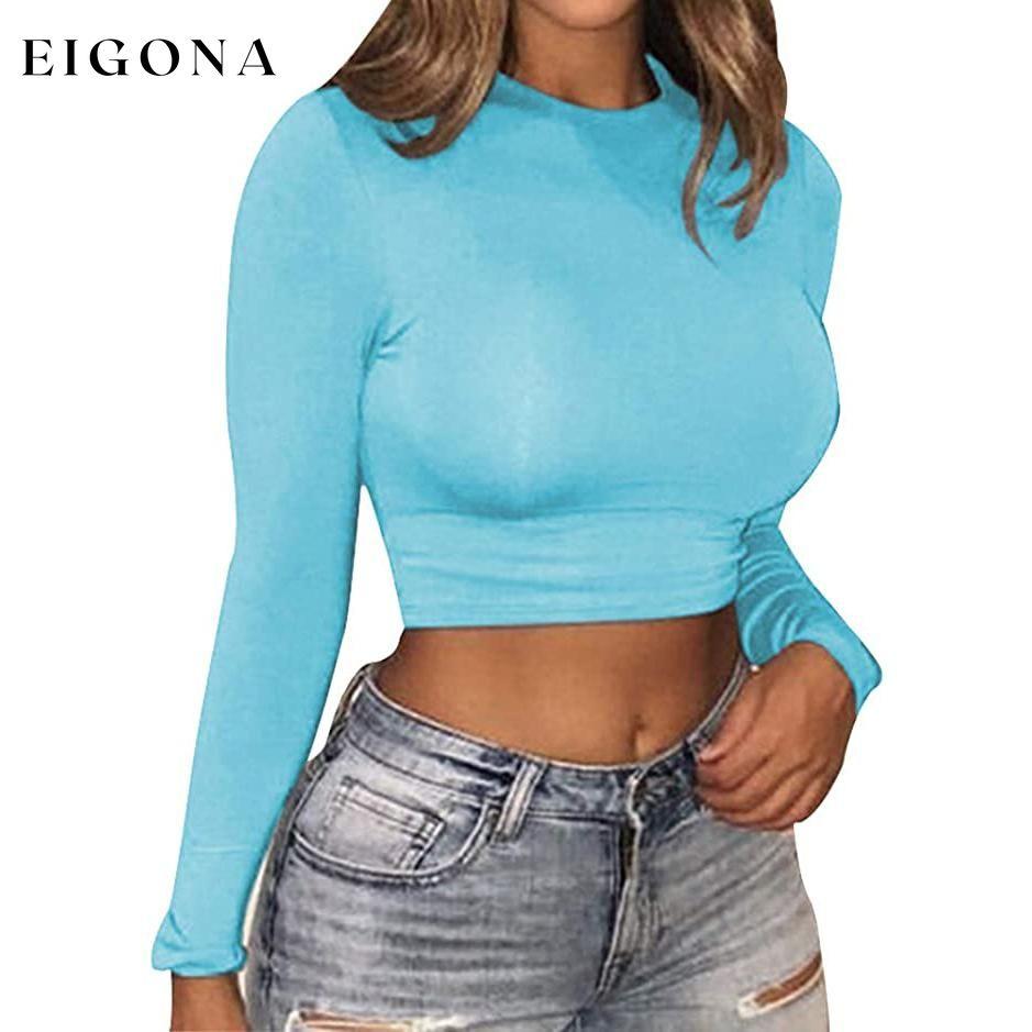 Women's Casual Round Neck Bottoming Long Sleeve Crop Top Sky Blue __stock:50 clothes refund_fee:800 tops